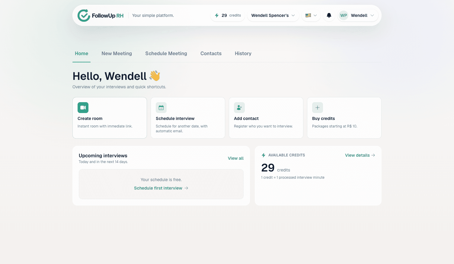 Painel do FollowUP RH com entrevistas, contatos e créditos